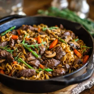 Tender beef and noodles cooked with mushrooms, carrots, and fresh herbs in a cast iron skillet