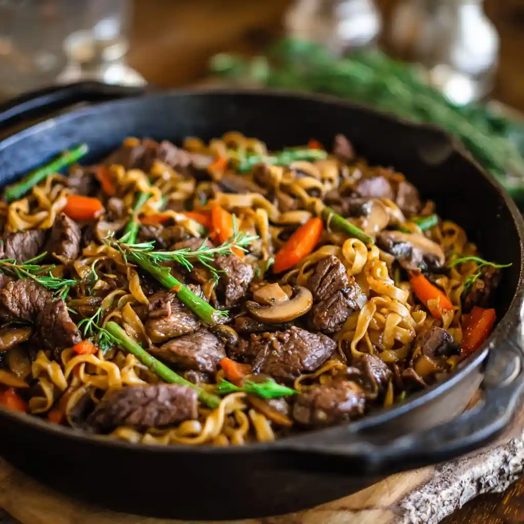 Tender beef and noodles cooked with mushrooms, carrots, and fresh herbs in a cast iron skillet