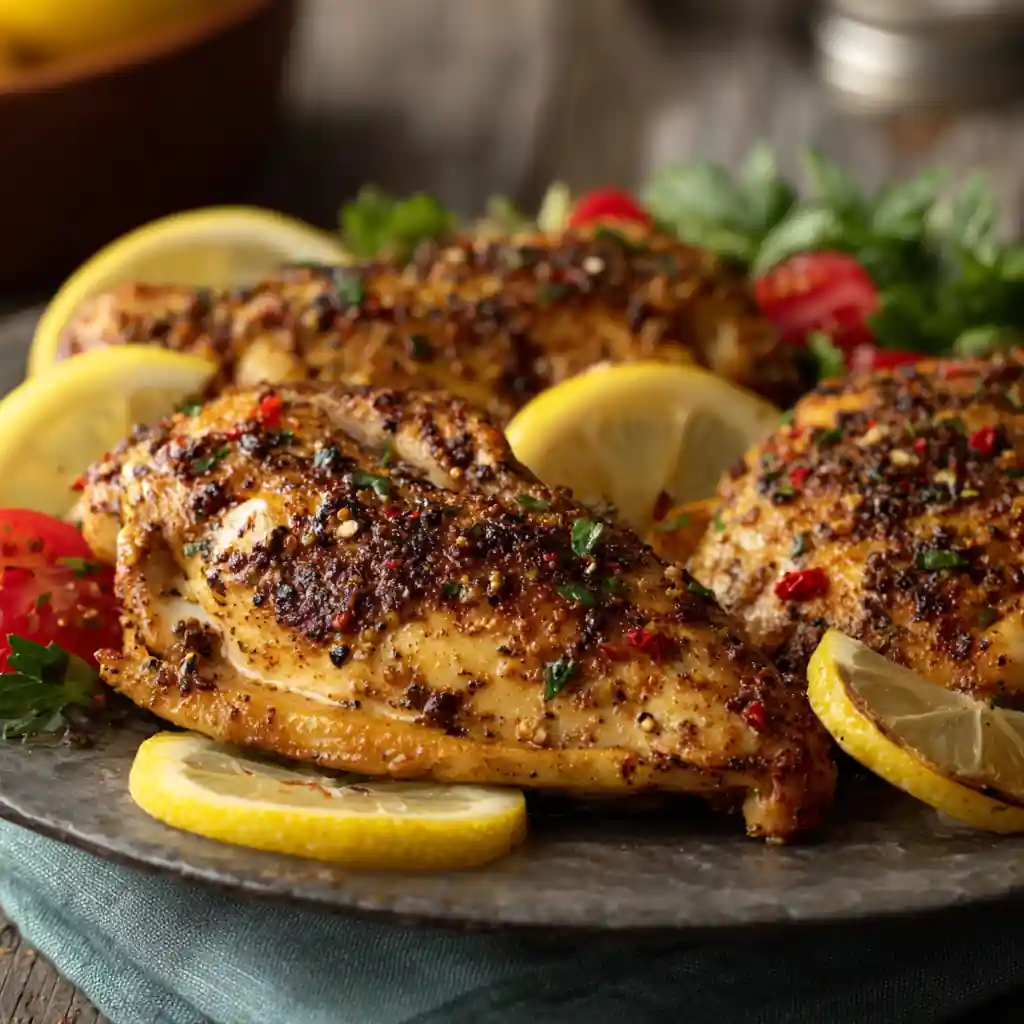 Lemon Pepper Chicken Recipe 2 Juicy lemon pepper chicken breasts garnished with herbs and lemon slices on a serving plate