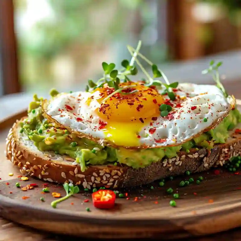 Guide on How to Make Avocado Toast with Egg 2 Avocado toast topped with a perfectly fried egg, sprinkled with red pepper flakes and microgreens on rustic sourdough bread