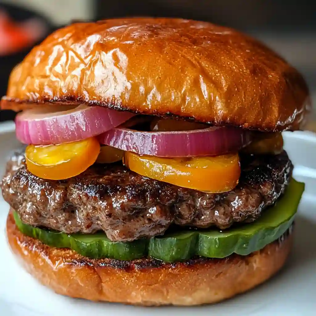 Bison hamburger recipe with golden toasted bun, fresh cucumbers, and red onions