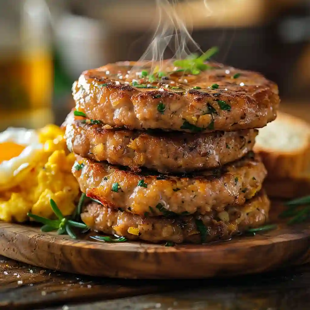 Homemade chicken breakfast sausage patties stacked on a plate with fresh herbs, served with scrambled eggs and toast | soolfood.com