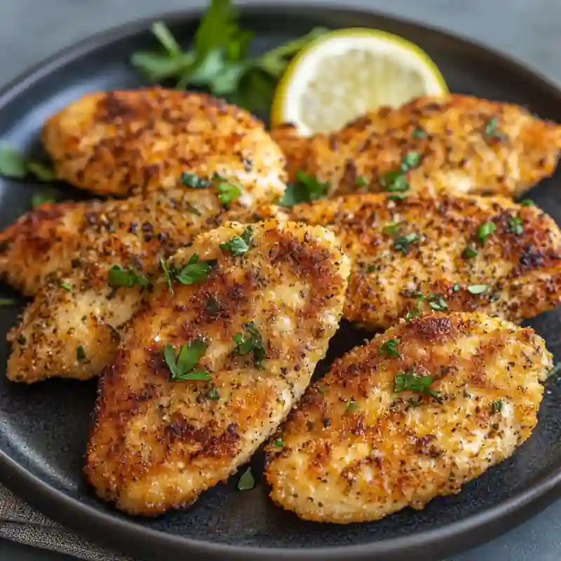 How To Cook The Best Chicken Cutlets Recipe 2 Crispy chicken cutlets recipe served on a dark plate with fresh herbs and lemon wedge