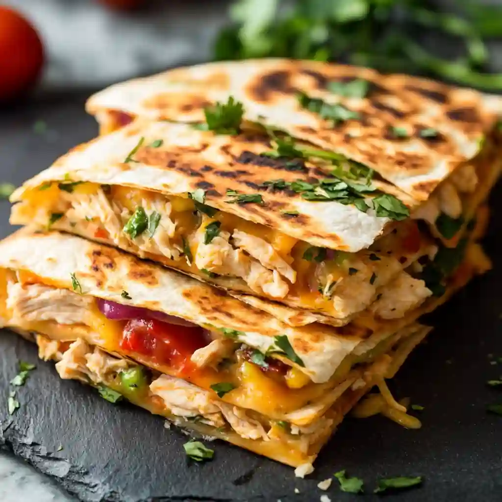 Chicken quesadillas recipe with melted cheese, tender chicken, and fresh herbs