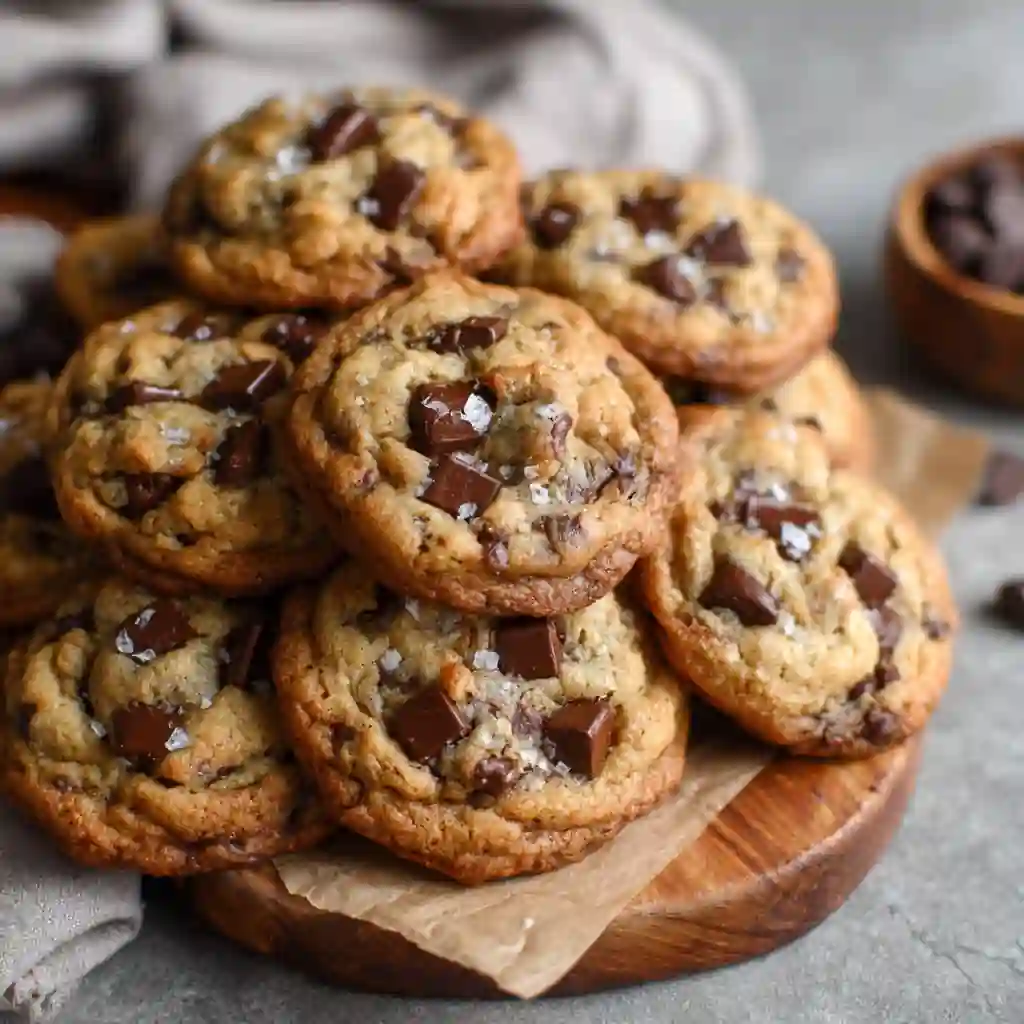 10 Tips for the Best Chocolate Chip Cookies in small Batches 2 Freshly baked chocolate chip cookies stacked on a wooden board with chunks of chocolate