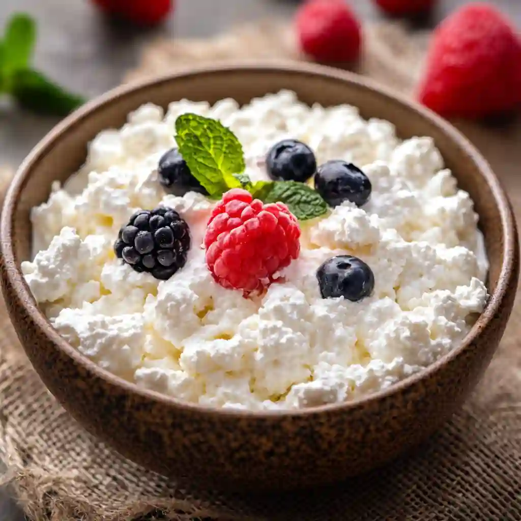 cottage cheese breakfast: creamy cheese served in a bowl topped with fresh berries and mint leaves