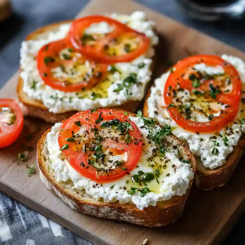 Cottage Cheese Breakfast Basics 2 cottage cheese breakfast: bread topped with creamy cottage cheese, fresh tomato slices, and herbs