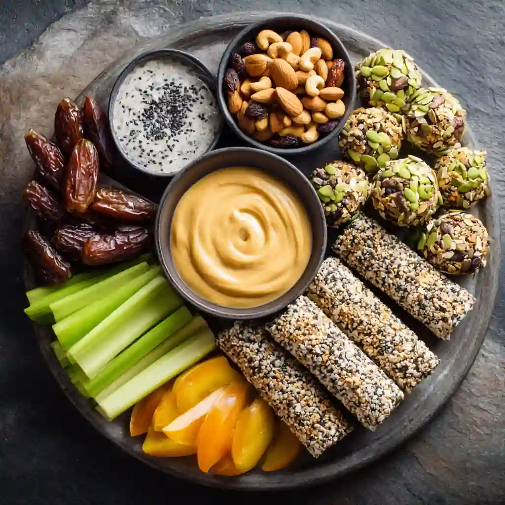 10 Easy Vegan Snack Ideas to Try at Home 2 Vegan snacks platter with nuts, seed bars, energy bites, fresh fruit, and creamy dips