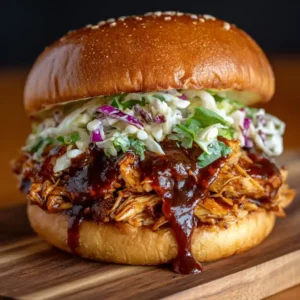 Juicy BBQ chicken sandwich topped with creamy coleslaw on a toasted bun
