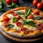 Authentic Italian pizza topped with fresh basil, mozzarella, and cherry tomatoes