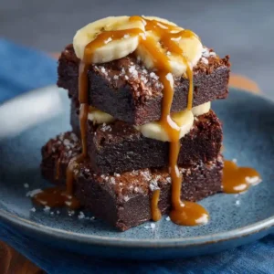 Fudgy banana brownies stacked with banana slices and drizzled with caramel sauce