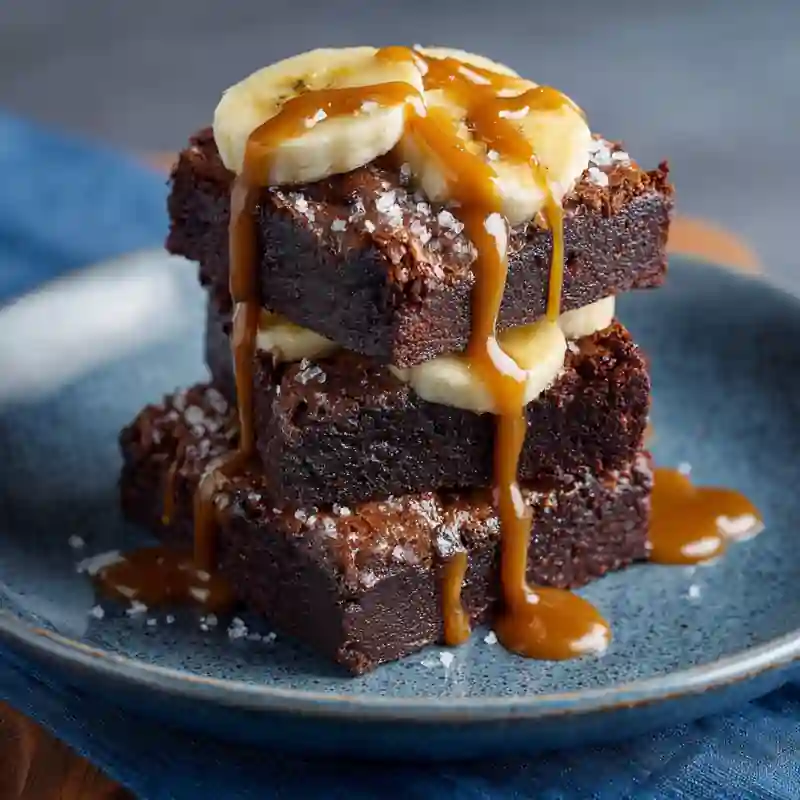 5 Quick Tips for Perfect Banana Brownies 2 Fudgy banana brownies stacked with banana slices and drizzled with caramel sauce