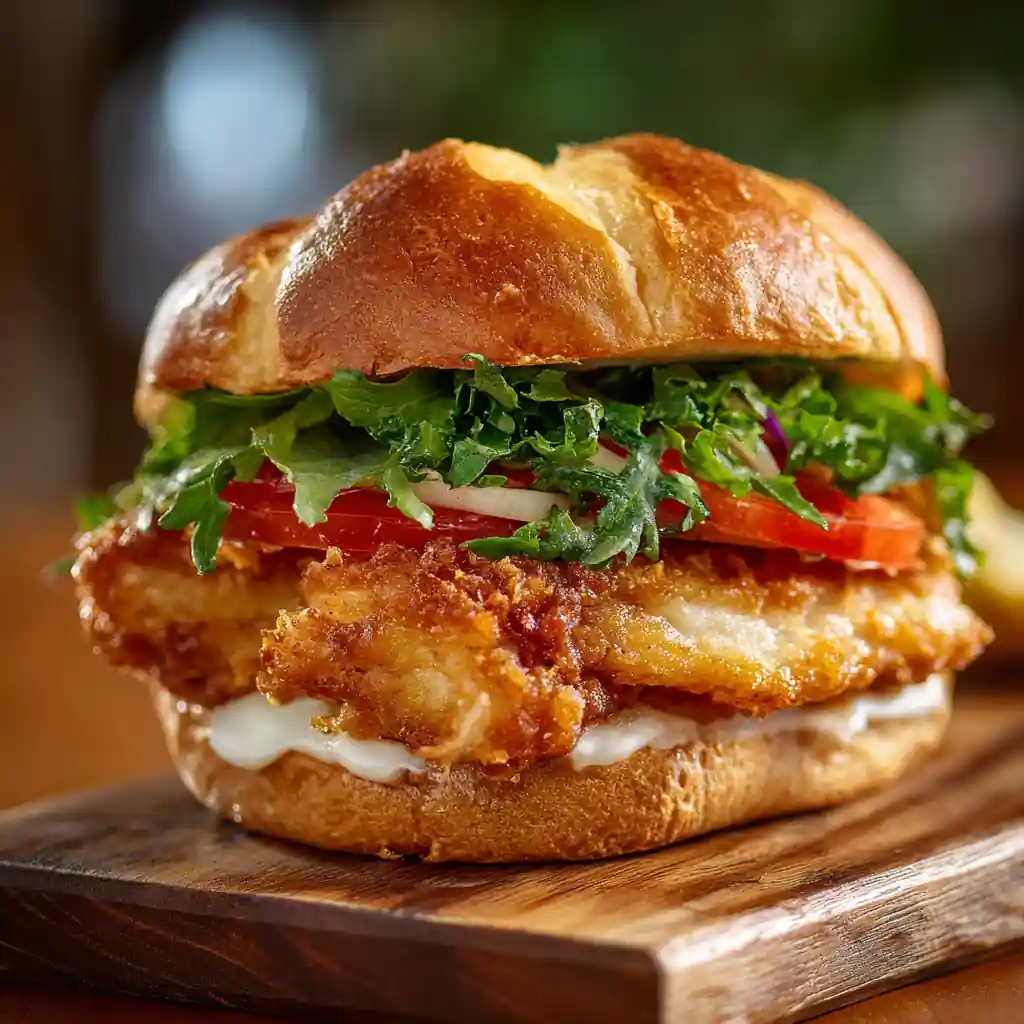 Easy Fish Sandwich Recipe 2 Crispy fish sandwich with fresh lettuce, tomato, and creamy sauce on a toasted bun