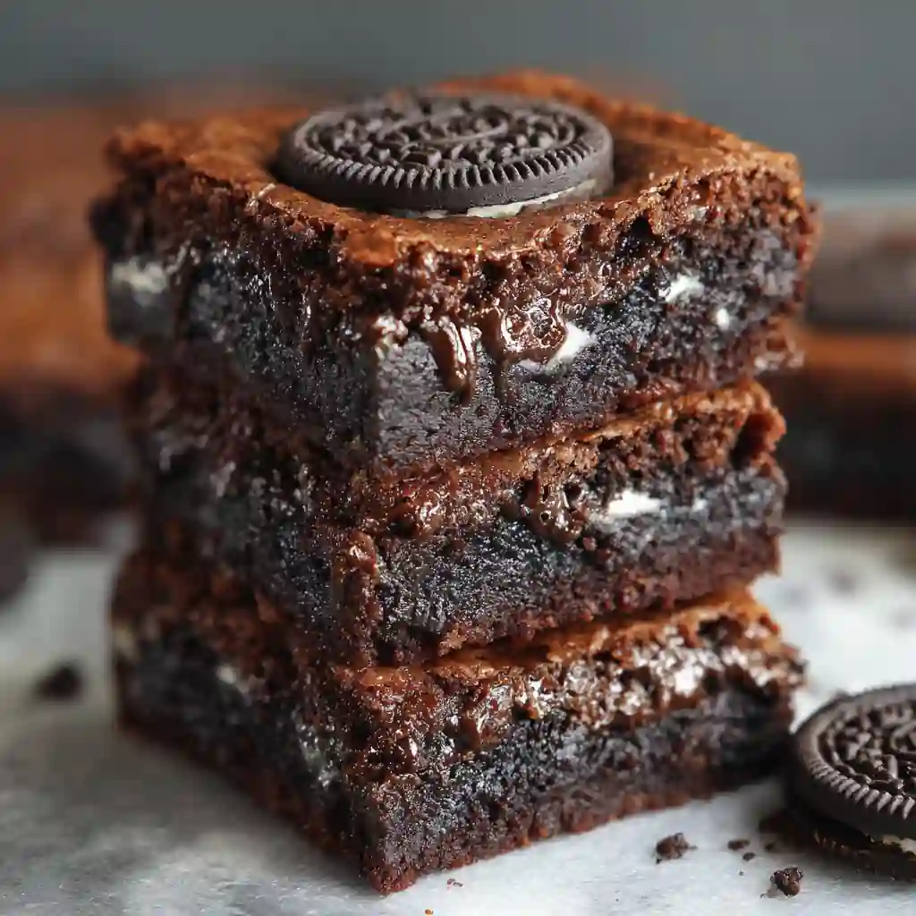 Fudgy Oreo brownies stacked with melted chocolate and a whole Oreo cookie on top