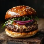 Juicy venison burger with melted cheese, red onion, and arugula on a toasted bun