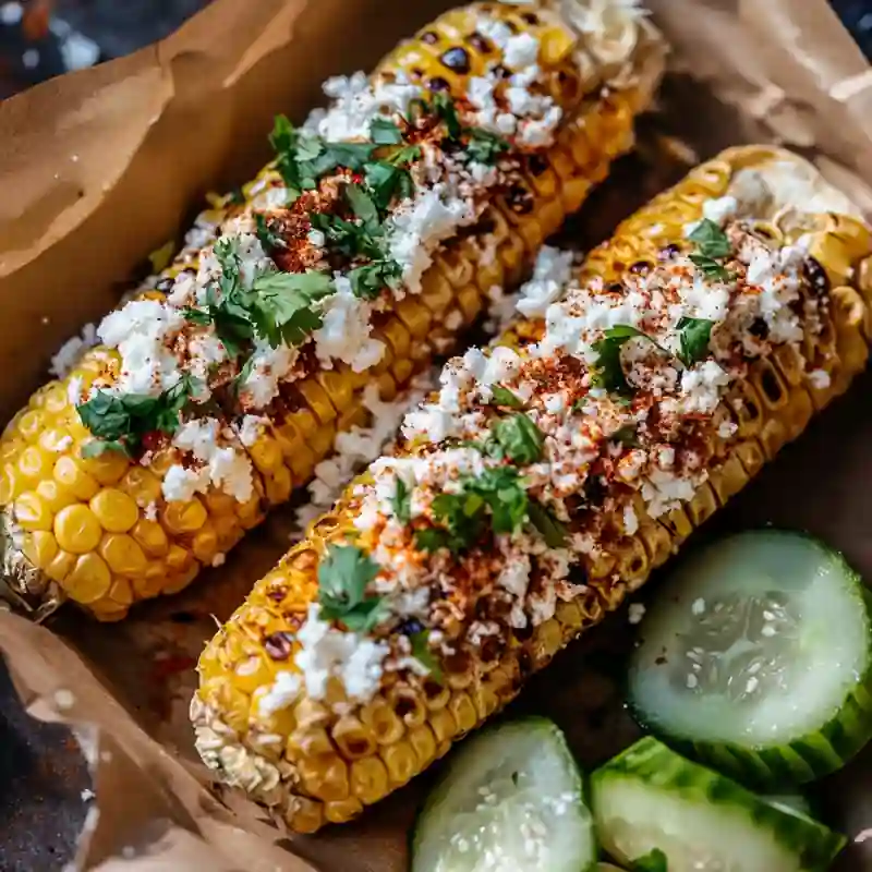 Mexican snacks featuring grilled elote topped with cheese, chili powder, and fresh cilantro