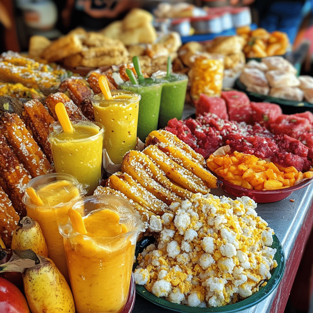 Colorful Mexican snacks on a street food table