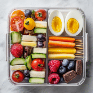 aesthetic snack box for work with colorful healthy snacks