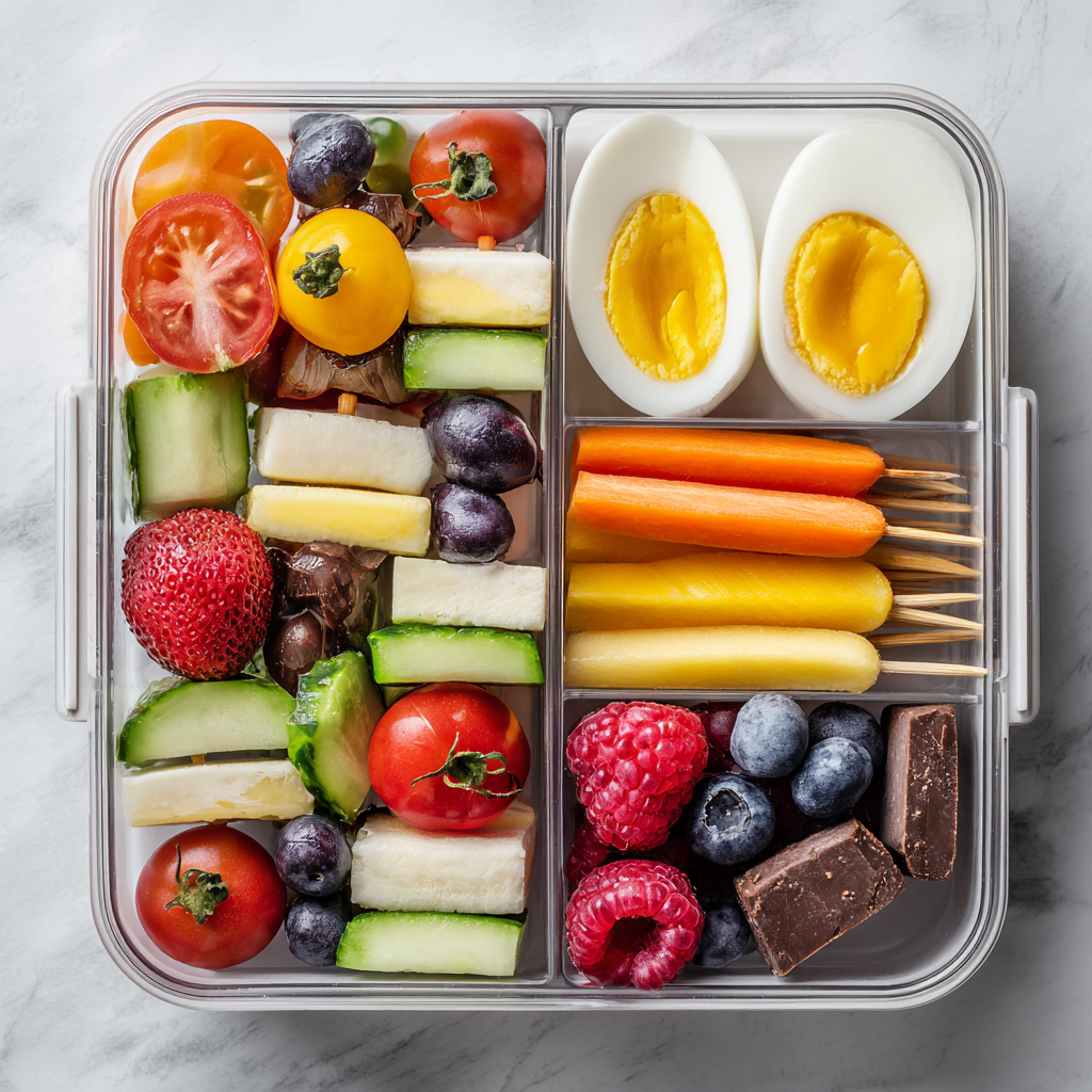 aesthetic snack box for work with colorful healthy snacks