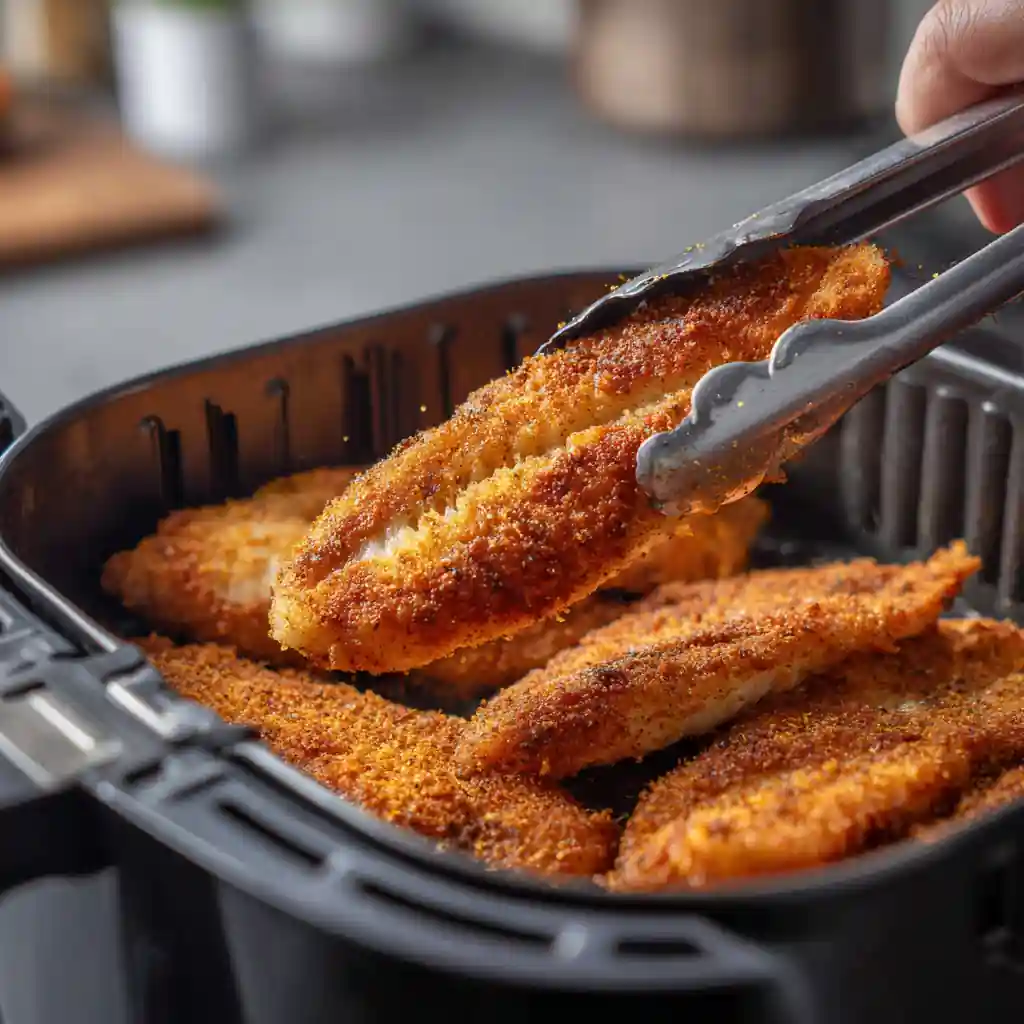 Crispy Air Fryer Catfish Recipe That Brings Southern Flavor Home 6 Placing catfish into air fryer basket with tongs