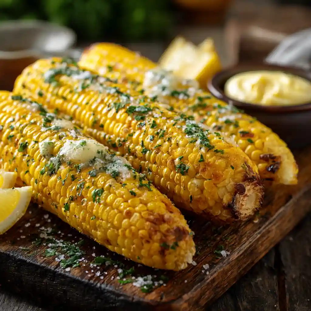 air fryer recipes corn on the cob prepared with butter and herbs, served hot on a rustic table