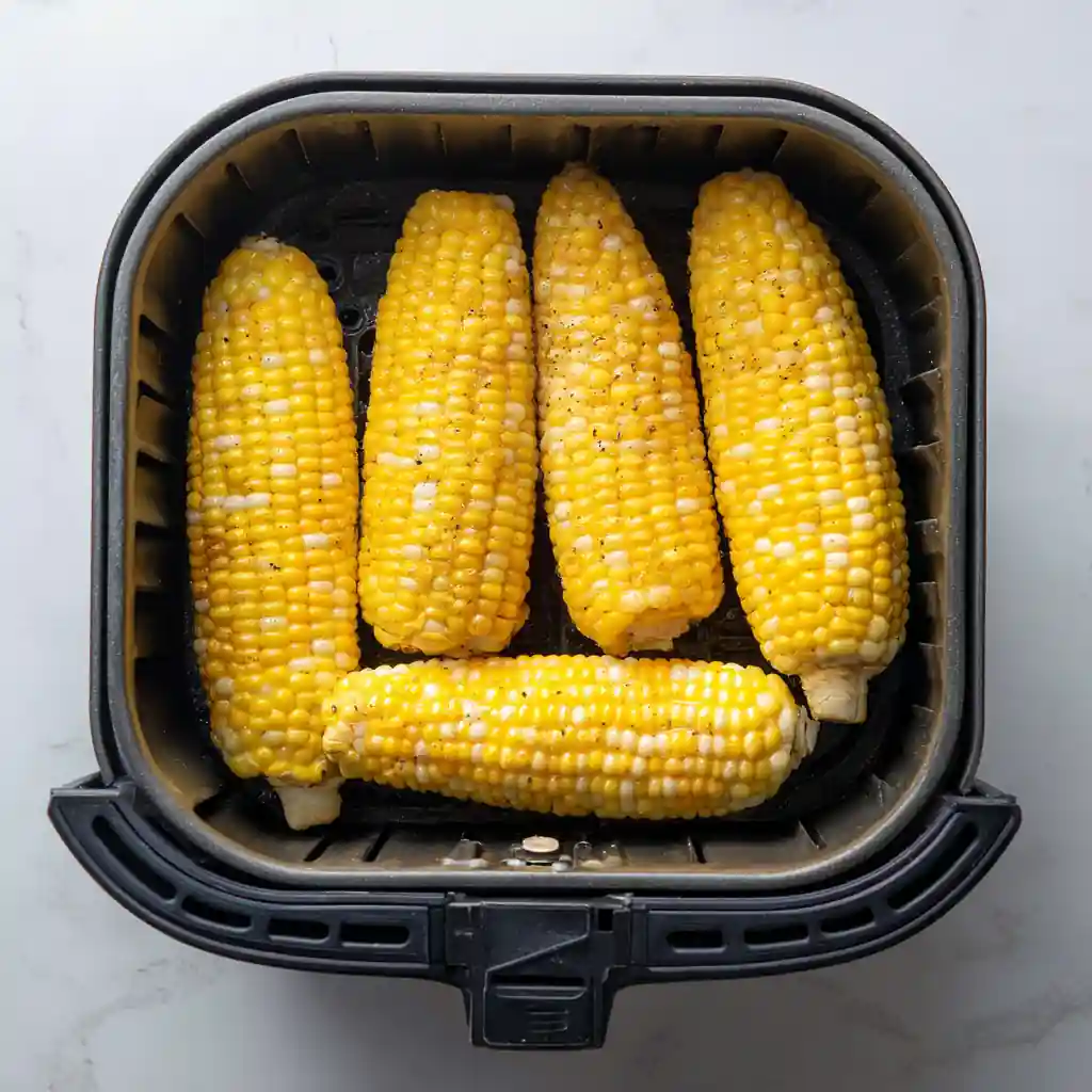 Air Fryer Recipes Corn on the Cob That Taste Like Summer in Every Bite 6 air fryer corn on the cob cooking in basket with butter and seasoning