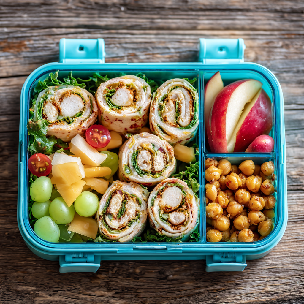 back-to-school lunchbox for kids with chicken pinwheels and fruit