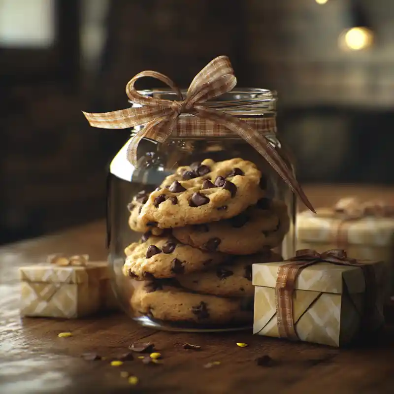 Chocolate chip Rice Krispie cookies stored in a glass jar tied with a ribbon