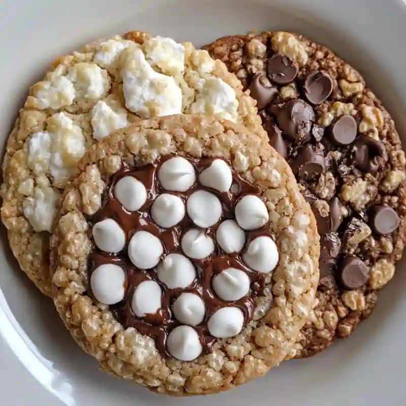 Chocolate chip Rice Krispie cookies with marshmallows and melted chocolate on a plate