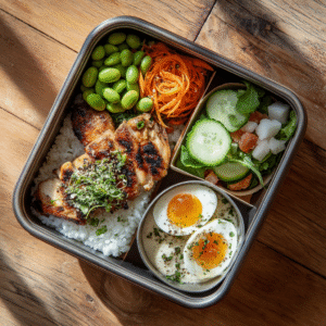 High protein bento lunchbox for adults with chicken, eggs, and edamame