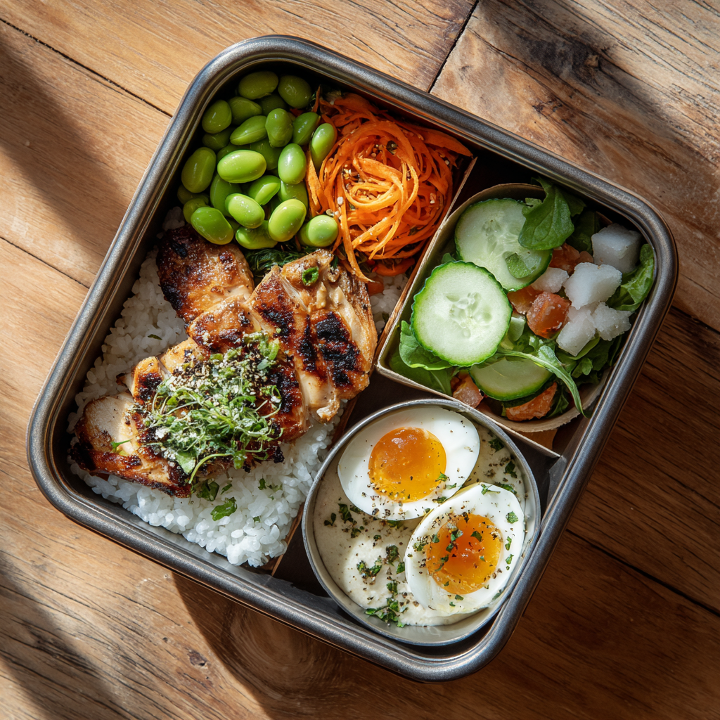 High protein bento lunchbox for adults with chicken, eggs, and edamame