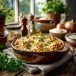 High protein casserole recipes with chicken, cottage cheese, and quinoa in a rustic ceramic dish