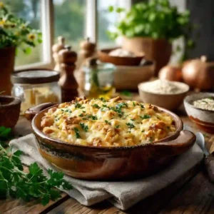 High protein casserole recipes with chicken, cottage cheese, and quinoa in a rustic ceramic dish