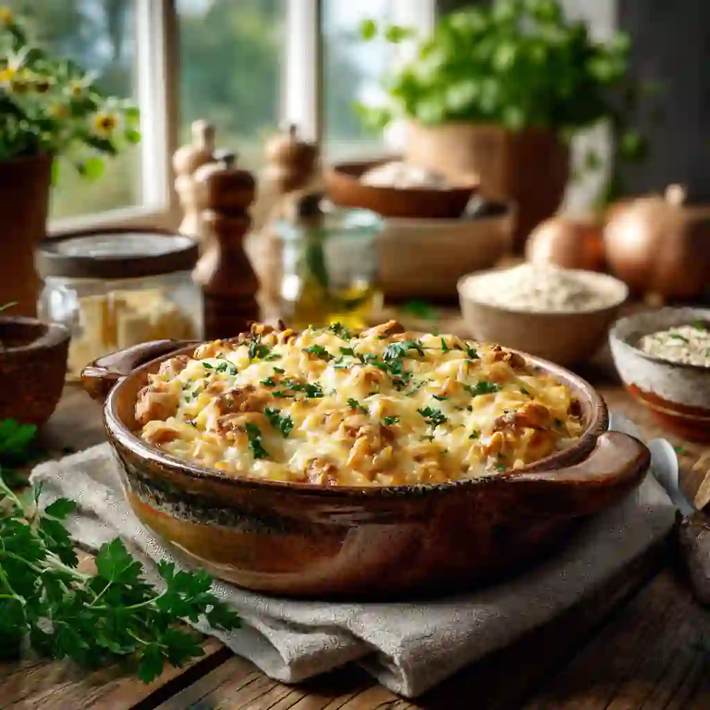 High protein casserole recipes with chicken, cottage cheese, and quinoa in a rustic ceramic dish