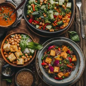 High protein vegetarian recipes spread on table