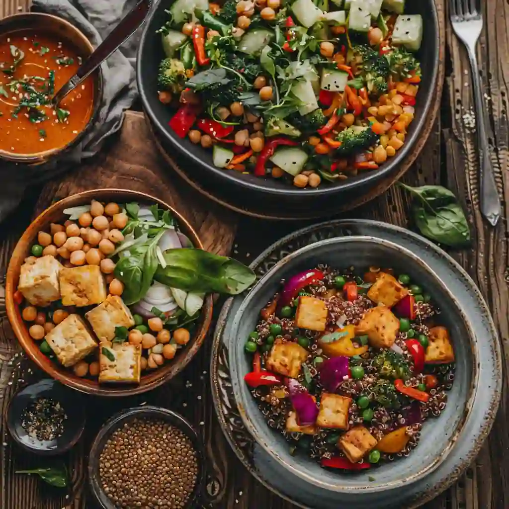 High protein vegetarian recipes spread on table
