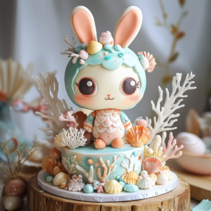 30 Pastel Labubu-inspired birthday cake with a cute bunny-eared character and ocean-themed decorations