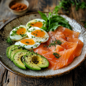 Smoked salmon and eggs low-carb breakfast with avocado