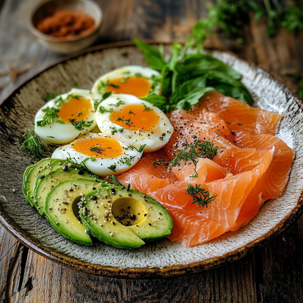 Smoked salmon and eggs low-carb breakfast with avocado