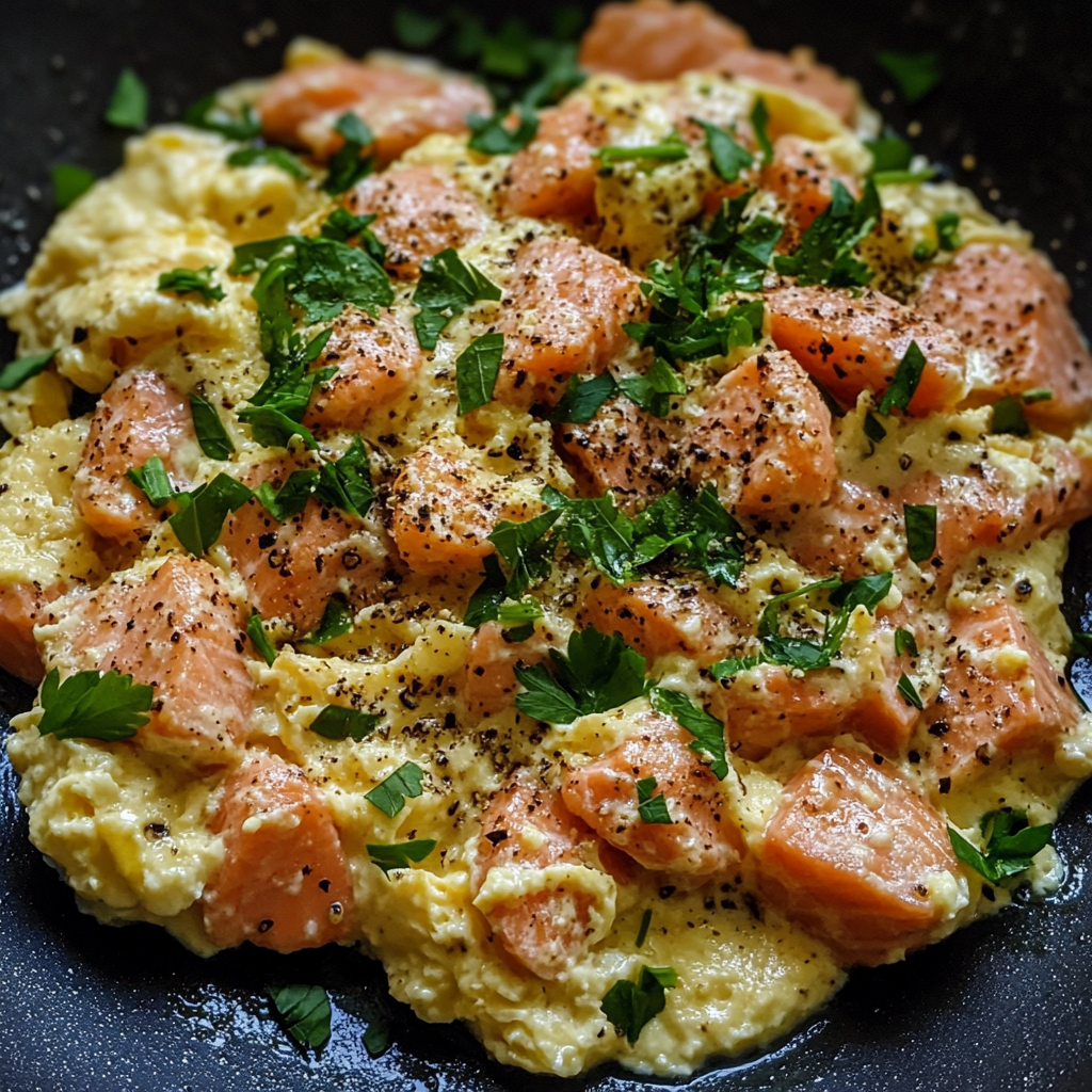 Salmon and Eggs: The Best Low-Carb Power Breakfast You’ll Love 8 Scrambled salmon and eggs in skillet