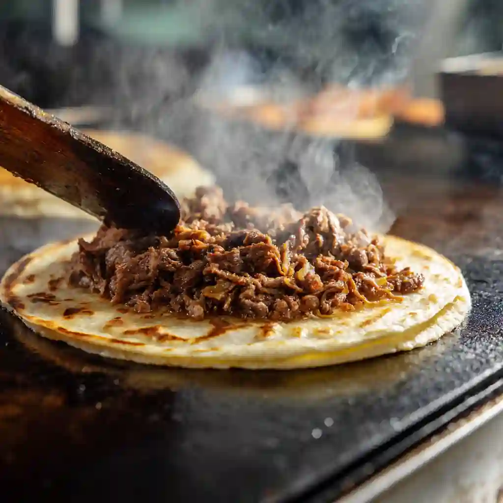 Smash Burger Tacos: High-Protein Breakfast with Crispy Perfection 6 Cooking smash burger tacos on a griddle