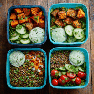 vegan lunchbox meal prep with roasted veggies and lentils