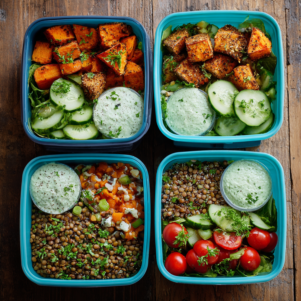 vegan lunchbox meal prep with roasted veggies and lentils