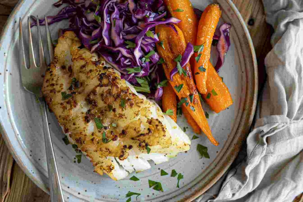 realistic air fried cod dinner with slaw and carrots