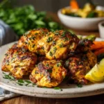 Air fryer boneless skinless chicken thighs served with vegetables