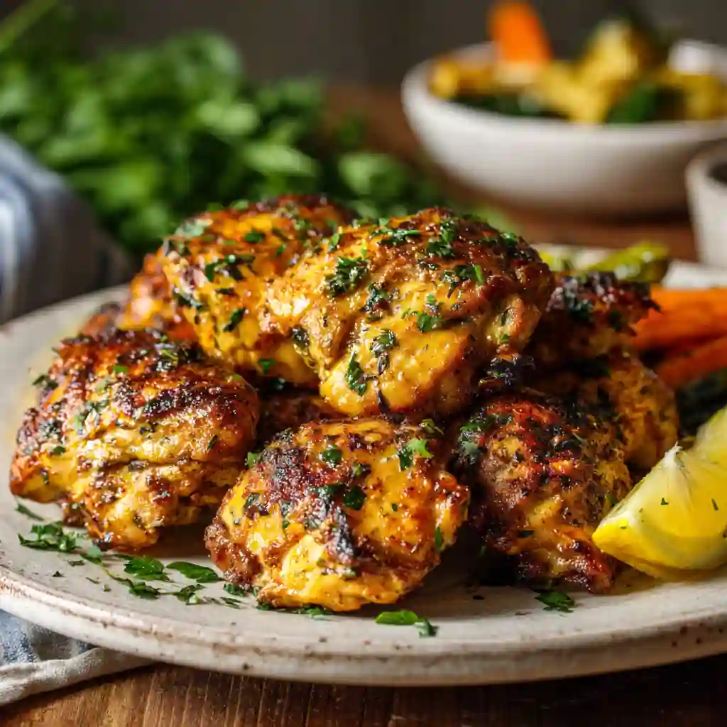 Air fryer boneless skinless chicken thighs served with vegetables