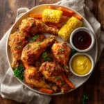 Chicken drumsticks in air fryer served with sides