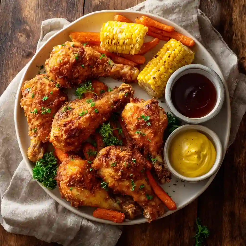 Chicken drumsticks in air fryer served with sides