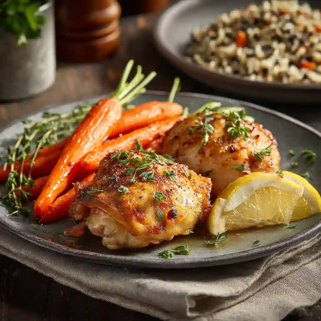 Air fryer chicken thighs served with roasted carrots and rice
