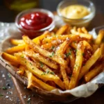 Air Fryer French Fries: Crispy, Golden, and Simply Irresistible 5 Air fryer French fries in a basket with dips